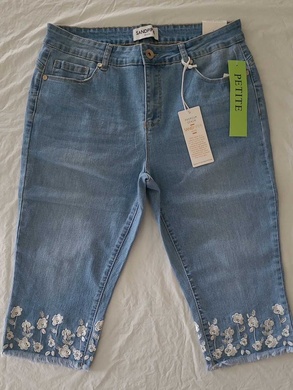 Sandpiper Petite Light Blue Embroidered Capri Jeans